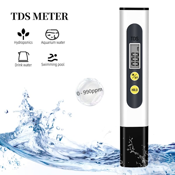 Exakt TDS-mätare, vattenkvalitetstestare med 0-9990 ppm-mätare för dricksvatten, simbassänger, akvarier