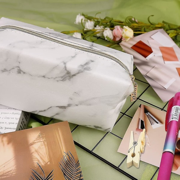 Marble Pencil Case, White Pu Pencil Case Stationery Bag, Makeup Brush Storage Bag For Teenagers