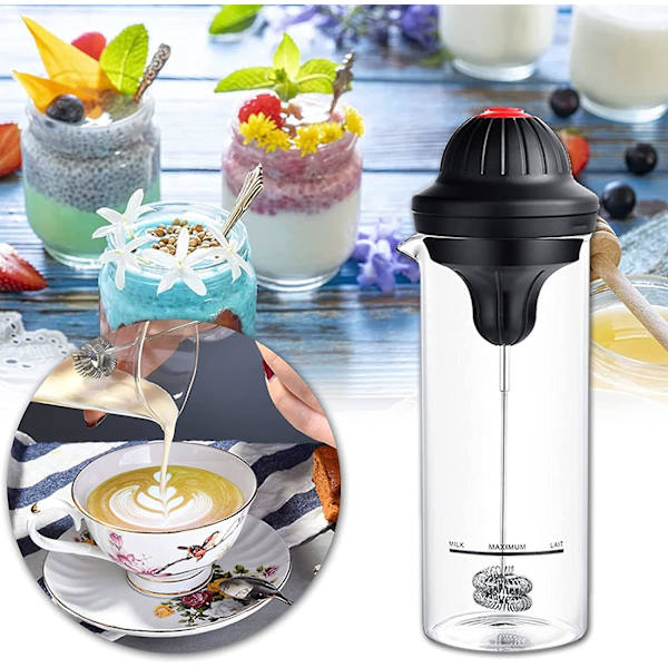 Automaattinen maidonvaahdotussarja, sähköinen maidonvaahdotin kaksoisvispilällä, mini-vaahdotin kupilla ja sekoittimella, cappuccinolle, suklaalle ja maidolle (1 kpl, musta)