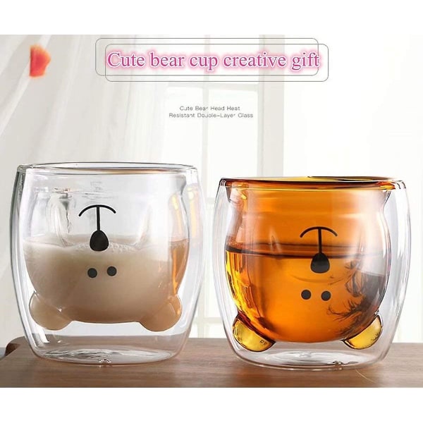 Søte Ølkopper Kaffe Te Glass Drikkeglass Kaffe Glass Dobbelvegget Isolerte Glass Bjørn Katt Mugg Kopp Transparent Transparent