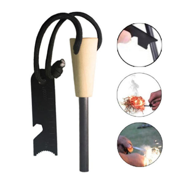 Utendørs Flint Fire Tool Set Stål, Fire Starter Lighter Utendørs Nødsituasjon (2 stk, Svart+trefarge)