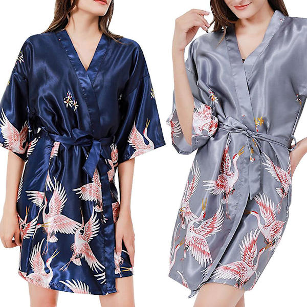 Snygg Nattklänning Artificiell Silke V-Hals Nattklänning Justerbart Bälte Sexiga Robar Sovkläder För L Navy XL