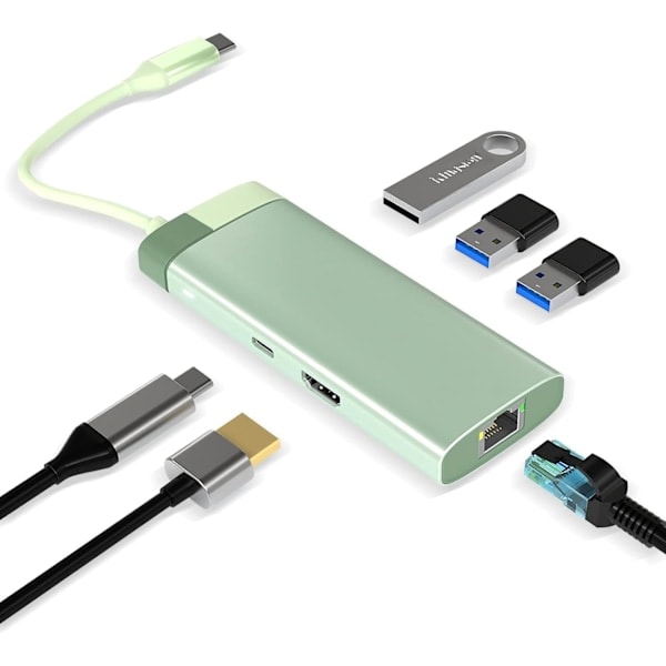 /Ryi/USB C Hub, 6-i-1 USB C -sovitin RJ45 Gigabit Ethernetillä, 3 USB 3.0 -porttia, 4K HDMI ja 100W PD, vihreä