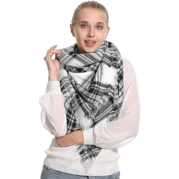 Tartan Plaid Blanket Scarf til Kvinder, Vinter Efterår Halsklæder, Varmt Blødt Chunky Oversized Tartan Shawls Wraps ScarvesHvid White