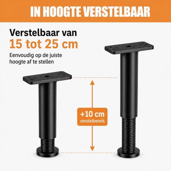 Justerbare Møbelben Sæt med 4, 15-25 cm Sorte ABS Erstatningsfødder med Skruer til Seng Sofa Skab Bord Boxmadras DIY Møbler