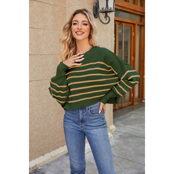 Dam Färgblockade Tröjor Långärmad Rundhalsad Pullover Stickad Jumper Toppar Green stripe XS