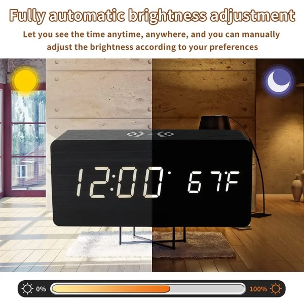 Digital väckarklocka i trä med trådlös laddning, justerbar ljusstyrkedimmer och larmvolym, veckodag/helgläge, Dual Ala