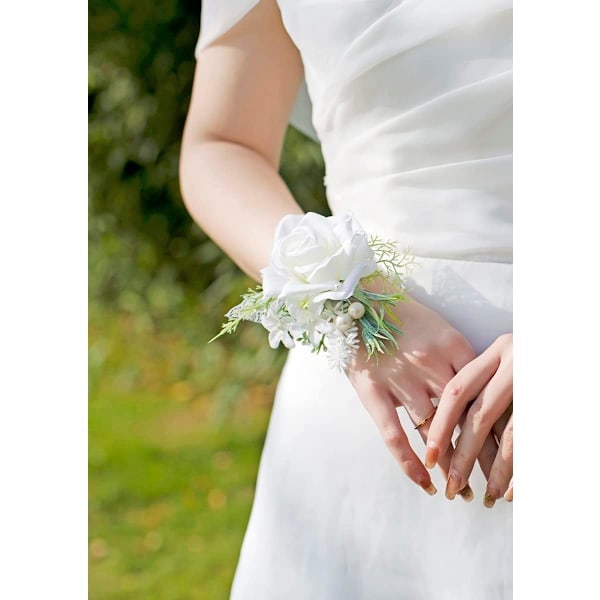 Hvid Corsage og Boutonniere Sæt Kunstige Roseblomster Håndledsblomster_ryy