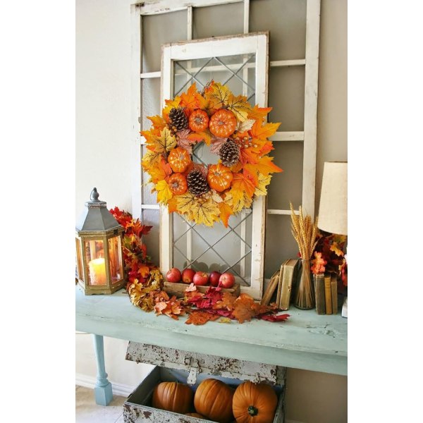 Høstlønnekrans 40cm, høstgresskarkrans med kongler og gresskar, egnet for høst, Halloween, Thanksgiving inngangsdørkrans