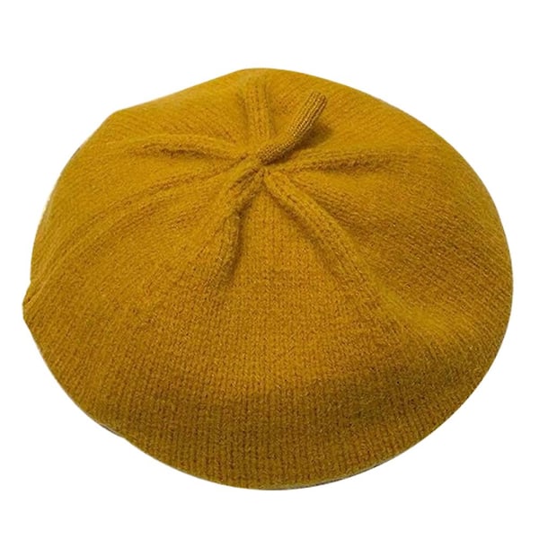 Beret-lue for kvinner, fransk stil beanie vintermote varm ullfôr strikket lue retro myk ren farge villgul Yellow