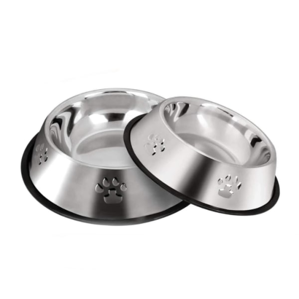 2 hundskålar i rostfritt stål med halkfri gummibas, matskål för husdjur och vattenskål (botten: 30 cm, skålens mynning: 23 cm)