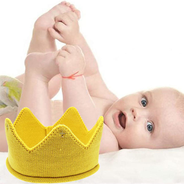 Strikket babyhårbånd med krone for jenter og gutter - Fotorekvisitter til barnebursdag - Gul Yellow