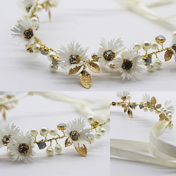 Flower Hair Crown, Daisy Flower Crown Pannband Bröllopshår Smycken Golden Crystal Pärlor med bandtillbehör, Bröllopshårtillbehör 1st