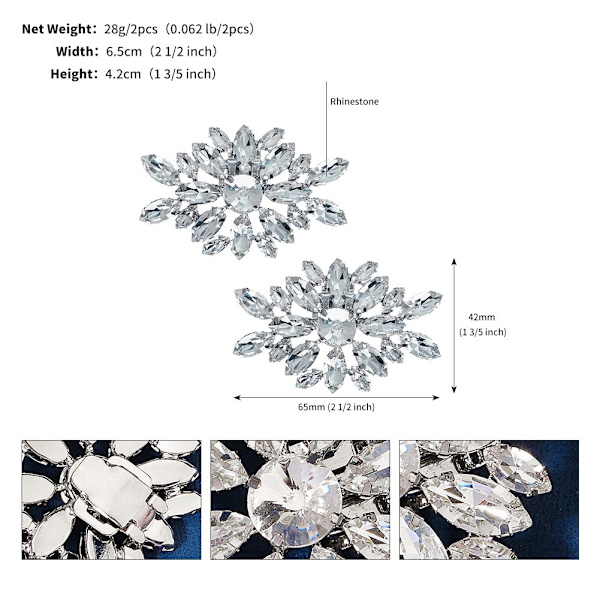 2 stk. Krystal Sko Klips Bryllup Brude Sko Spænder Rhinestone Sko Blomster til Fest Dekoration Bryllup DIY Håndværk Tilbehør (Sølv)