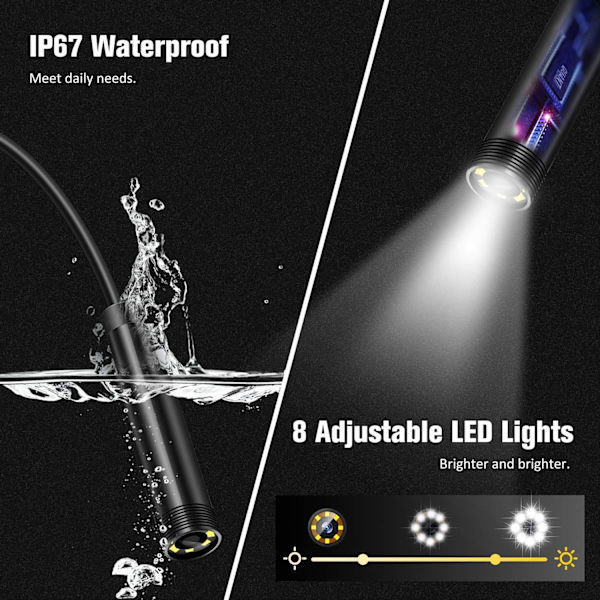 Teollisuusendoskooppi, 1080P HD digitaalinen endoskooppi, 4,3 tuuman näyttö, 3,9 mm IP67 vedenkestävä tarkastuskamerat 6 LED-valolla, puolijäykkä kaapeli