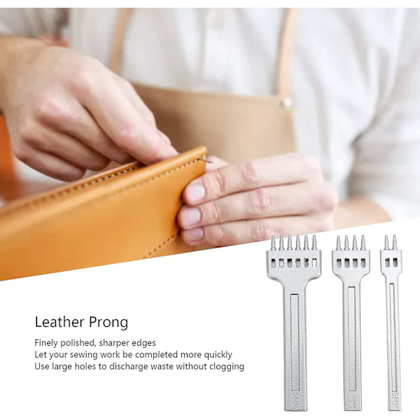 Stål Læder Syning Punch, 2/4/6 Prong Række Hul Punch Diamant Snøring Syning Mejsel Sæt, Læder Prikkejern (1 Sæt Med 3 stk, Sølv)