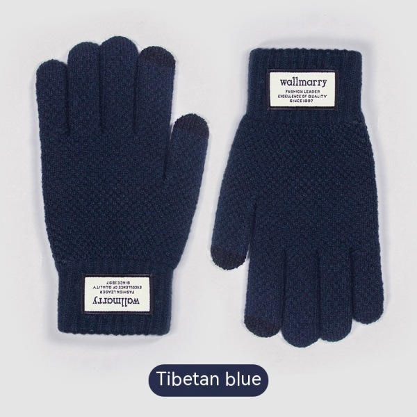 Vinterhandskar Pekskärm Dual-Layer Elastisk thermal stickad Foder Varma handskar för kallt väder Navy blue cloth label touch screen Male/Young Student