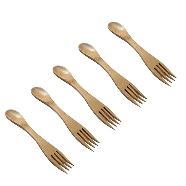 5 st Eco-vänliga Sporkar i Bambu - Skedar och Gafflar i Kombo - Kreativ Spork-kombination för Hushållsbruk, Barn, 5-pack 5pcs