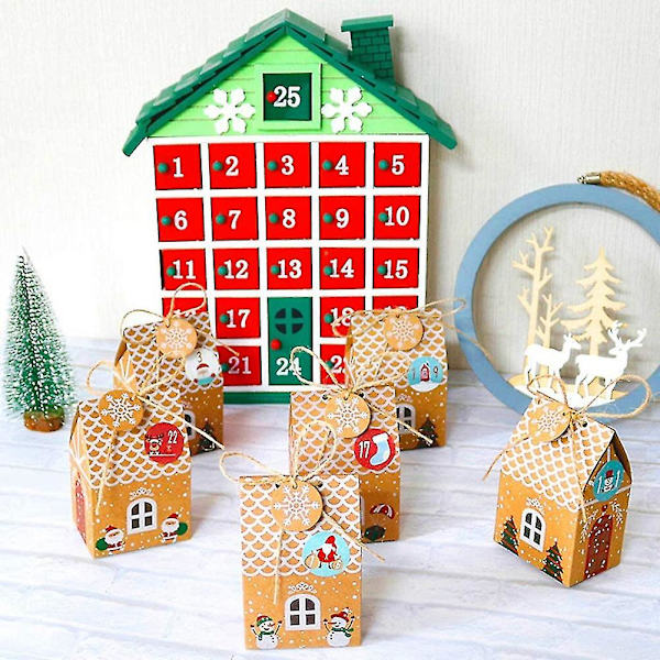 48 Joulukotilahjapakettia Kraft-paperista, evästeiden ja karkkien pusseja, lumihiutale-tarroja, 1-24 adventtikalenteri