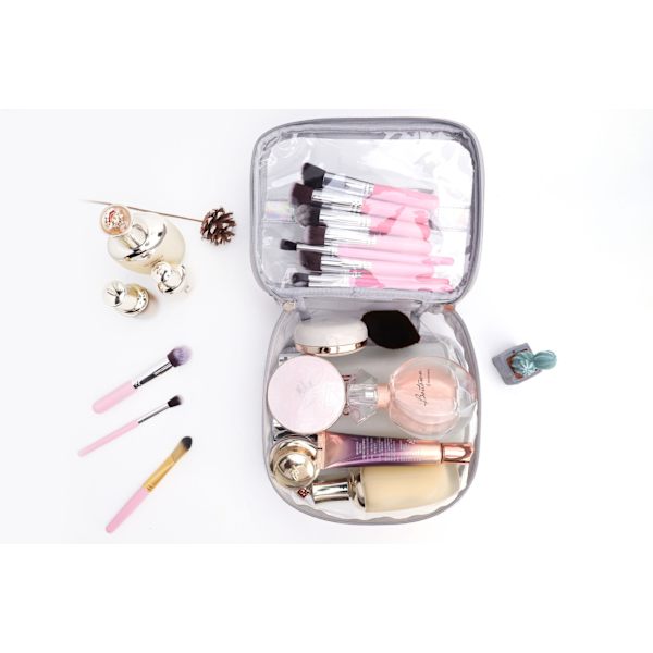 Transparent PVC Makeup Taske Bærbar Vandafvisende Toiletpose Kosmetikpose med Stor Kapacitet Lynlås [HK] Enkelt Lag Sølv