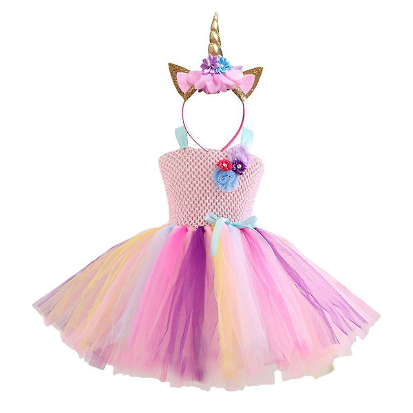 Fint babyjente-tutu-kjole med enhjørning-hodeband, jule- og Halloween-kostyme, jentefestkjole, 6-7 år (rosa) Pink