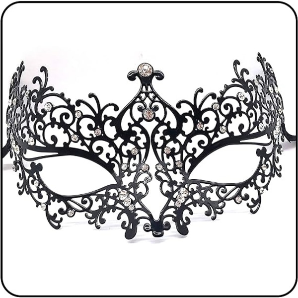 Metallisk Laserkuttet Maskerademaske Kvinner Venetiansk Fest Halvmaske Svart Metall Diamantmaske 17*12cm Ballfest