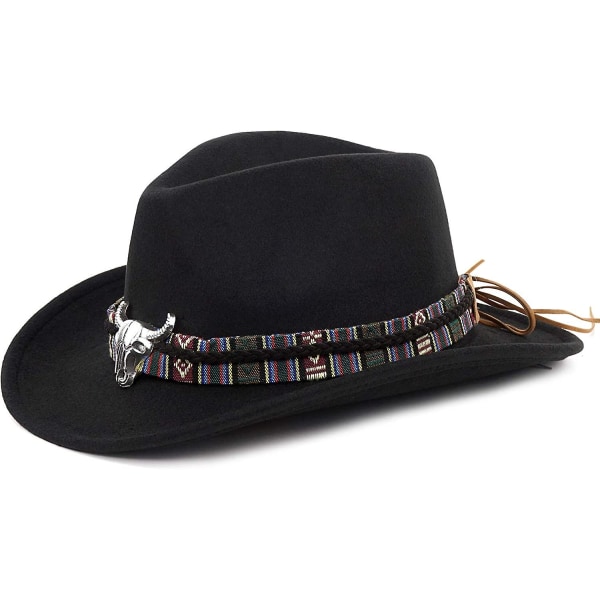 Unisex knusbar cowboyhatt Western Cowgirl Outback-hatt Cattleman Fedora med flettet bånd og oksehodeskalle Svart Black