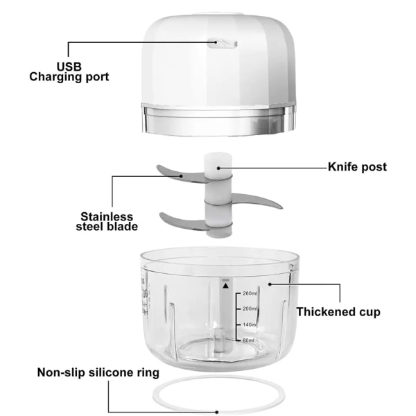 Elektrisk vitlökhackare, Mini Bärbar Grönsakshackare, 260ML Vitlöksmalare Mosare Lökhackare, Blender till Grönsaker, Trådlös F