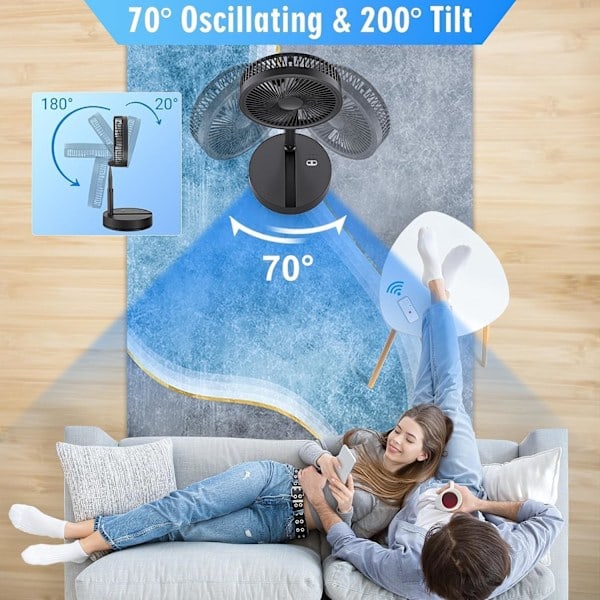 /Ryi/Oscillerende Bærbar Vifte med Fjernkontroll, Stille, 9'' 4 Moduser/Timer, 7200mAh USB Oppladbar Gulvvifte for Soverom Kontor