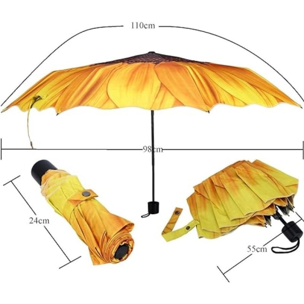 Paraply vindtett reiseparaply - Kompakt sammenleggbar bærbar paraply med solsikkemønster gul