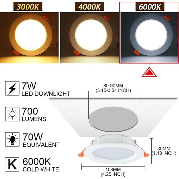 Ultra Slim Svart LED Nedfelt Spotlight, 10-pakning 7W 700lm = 70W Glødelampe, IP44, Kald Hvit 6000K, AC 220-240V, 80-90mm Utskæring, Rund Ultraslim