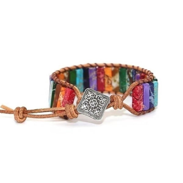 Chakraarmbånd Håndlavet Farverigt Armbånd Chakraperler Sten Læderindbundet Armbånd 32 colored stone round button_RY