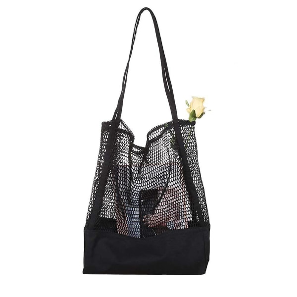 Mesh Handlepose for Handlepose, Gjenbrukbar Vaskbar Mesh Handlepose for Handlepose, Grønnsaker, Frukt, Handlepose, Strandpose, Lang Håndtak Net Tote (svart)Svart Black