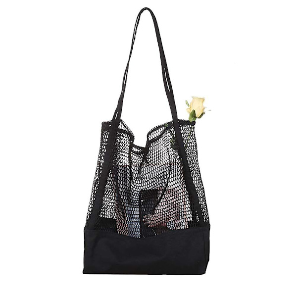 Mesh Indkøbspose Organizer Genanvendelig Vaskbar Mesh Indkøbspose til Grøntsager Frugt Indkøbspose Håndtaske Strandtaske Langt Håndtag Net Tote (sort)Sort Black