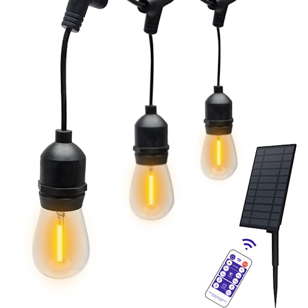 47.9FT USB & Solcellsladdningsbara Utomhussträngljus Dimbara med Fjärrkontroll, Vattentäta Patio Däckljus 15 LED Stora Glödlampor Varmvitt