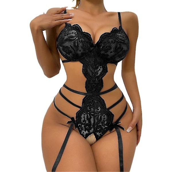 Sexig Kvinna Djup V-ringad Strapig En-delad Blommig Spets Lingeri Nattkläder Babydoll Bodysuit Svart S Black