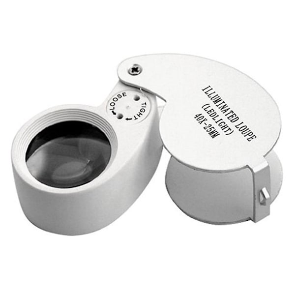 Portabel Vikbar 40x 25mm Metall Vit LED-belyst Lupp Smycken Förstoringsglas (silver) Silver