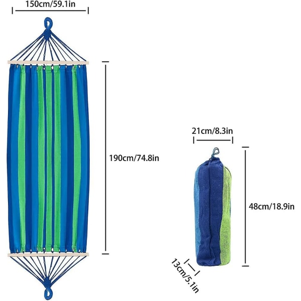 Campinghængekøje i lærred, robust og holdbart stof 300 kg bæreevne med anti-rulle bjælker, bærbar taske, nylonstropper, til rejser, strand, have, vandretur
