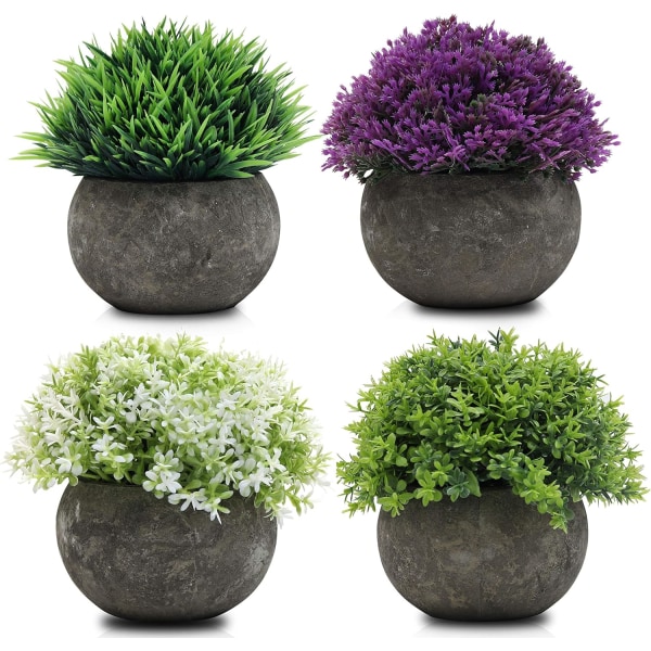 Multicolor kunstige miniplanter (4 sett) - (12 x 8,5 cm) Inneholder 2 typer grønne, 1 type hvite og 1 type lilla, små kunstige planter f