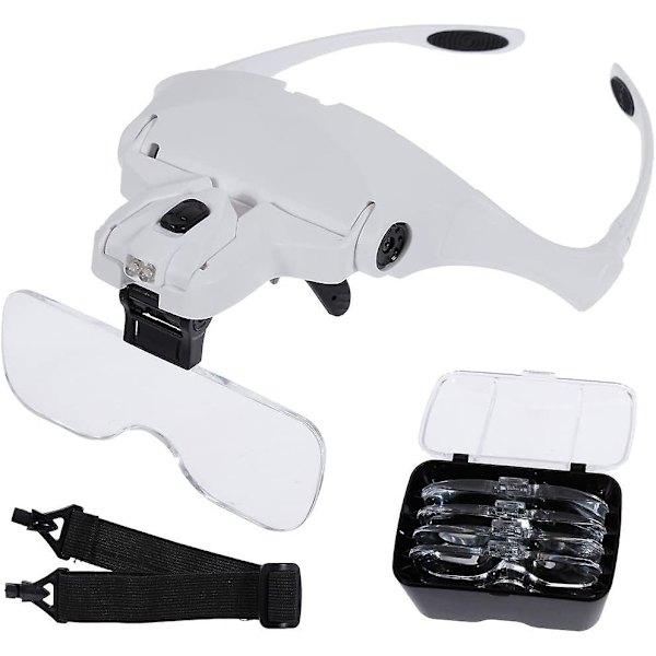 Förstoringsglas med 2 LED-lampor, 5 linser, justerbart, utbytbart, 1.0x, 1.5x, 2.0x, 2.5x, 3.5x, rengöringsduk för arbete