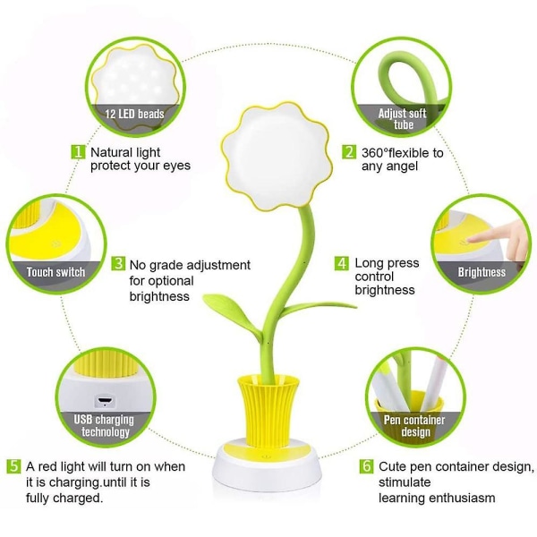 Skrivebordslampe for barn LED øyevern Skrivebordslampe Dimbar nattlampe med berøringssensor med pennholder Gul Yellow