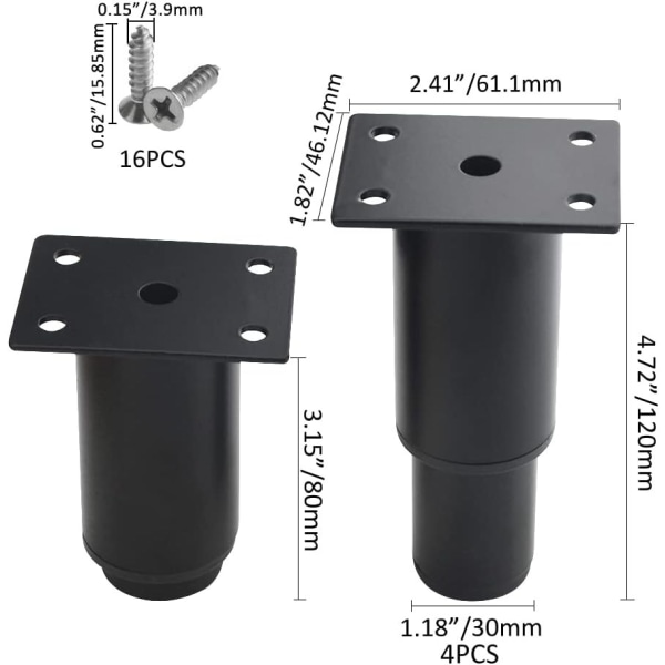 (8-12cm, Sort) Sæt af 4 robuste, justerbare møbelben i metal til bord, seng, sofa