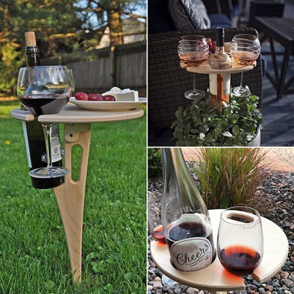 Sammenklappeligt picnicbord, campingpicnic vinglasholder udendørs have rundt vinbord i træ, lille vinreol bærbar vinholder telefonstand