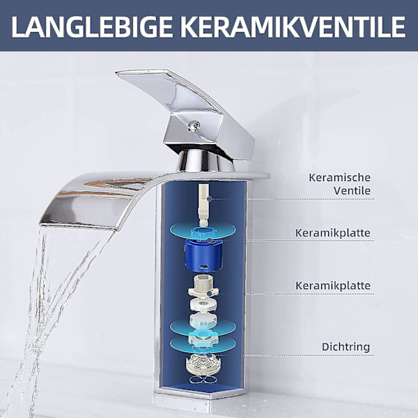 Handfatkran, Vattenfalls Kran för Badrum, Enhandtags Mässingblandare, Kran Handfat med Vacker Design, Badrums Kran för Kallt och Varmt Vatten, Krom
