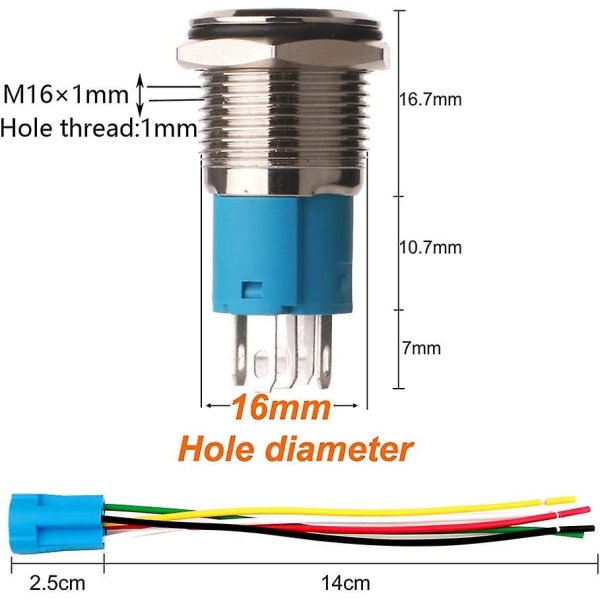 12v-24v/5a 16mm Esijohdotettu Hetkellinen Torvipainonappi Vedenkestävä Metallipainonappi Sinisellä LEDillä