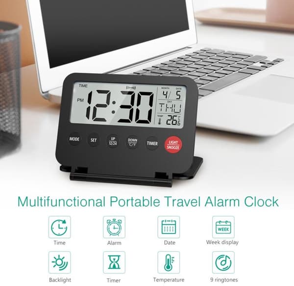 Vikbar digital reseväckarklocka med LCD-display, datum, temperatur och snooze, bärbar elektronisk skrivbordsklocka för sovrum och resor, svart