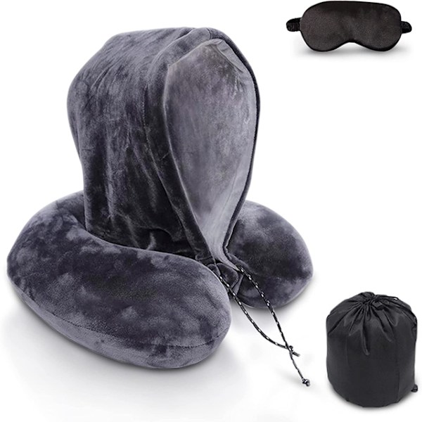 Bärbar Resekudde i Memory Foam med Högt Stöd och Huvtröja, U-formad Nackkudde för Flygplan 80_xrzi Sky blue