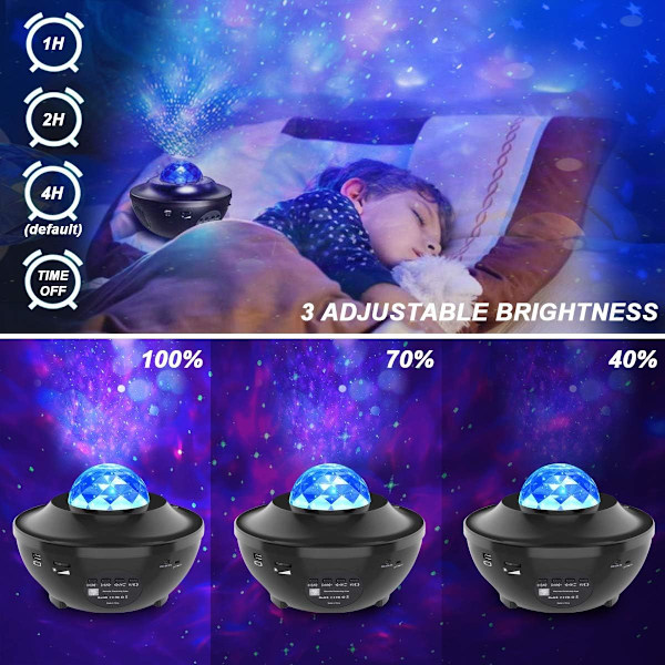 USB nattlys Bluetooth musikkprojektor stjernehimmel projeksjonslys stjernehimmel rotasjon stjernehimmel hvitt lys