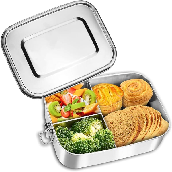 Lunsjboks i rustfritt stål, 1400 ml lunsjboks Rustfritt stål lekkasjesikker brødrifle Snackboks med 3 skillevegger, plastfri lunsjboks Bento Box