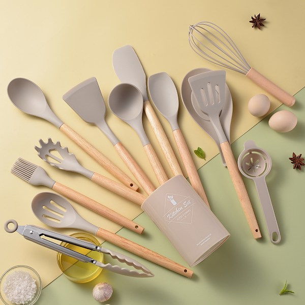Köksredskapsset i silikon med trähandtag, 14 delar, non-stick verktyg, köksredskap, serveringssked set_xrzi Khaki standard